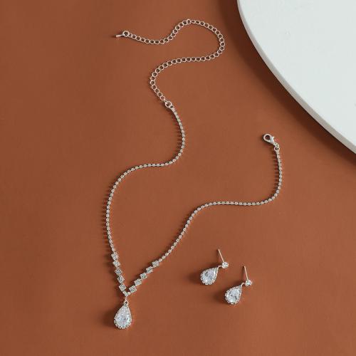 Parures de bijoux en cristal, alliage de zinc, Boucle d’oreille stud & collier, avec cristal, Placage, 2 pièces & bijoux de mode & pour femme, argent Environ 41-50 cm, Vendu par fixé