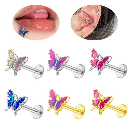Brass Lip Piercing Stud, with 304 Stainless Steel, Butterfly, plated, Unisex & enamel 