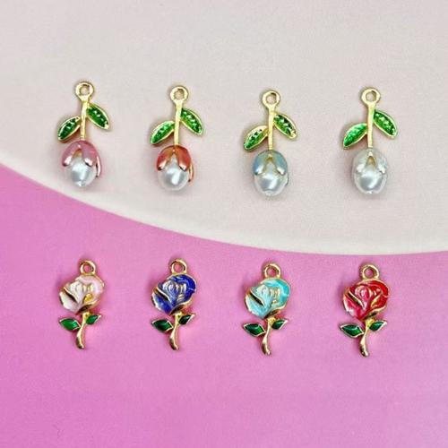 Zinc Alloy Enamel Pendants, with Plastic Pearl, Flower, gold color plated, DIY Approx 