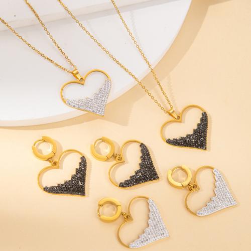 Bijoux strass en acier inoxydable Set, Acier inoxydable 304, boucle d'oreille & collier, Placage, 2 pièces & styles différents pour le choix & pour femme & avec strass, plus de couleurs à choisir, Vendu par fixé