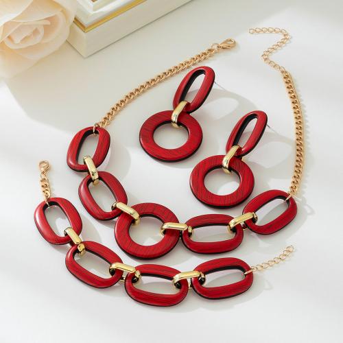 Ensembles-cadeaux bijoux, plastique, Boucle d’oreille stud & Bracelet & collier, avec chaîne en aluminium, trois pièces & pour femme & creux, rouge, Vendu par fixé