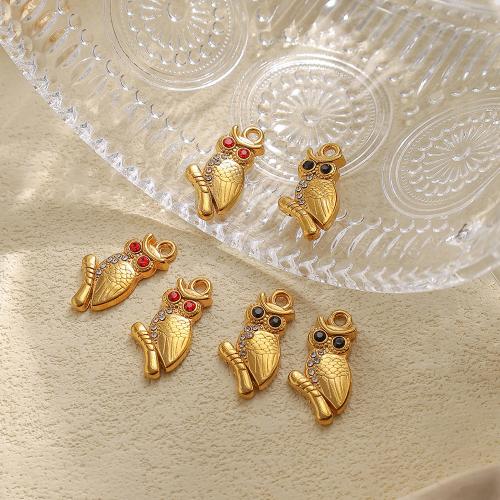 Rhinestone Stainless Steel Pendants, 304 Stainless Steel, Owl, gold color plated, DIY & with rhinestone 