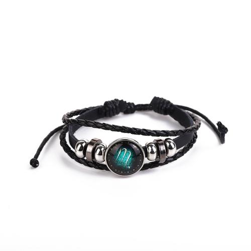 verre bracelet, avec cuir PU & cuir de peau de vache, 12 Signes du Zodiaque, fait à la main, unisexe & styles différents pour le choix & lumineux Environ 6-10 pouce, Vendu par PC