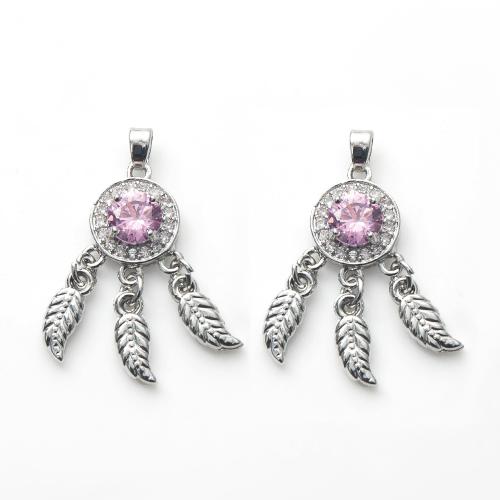 Cubic Zirconia Micro Pave Brass Pendant, Dream Catcher, silver color plated, DIY & micro pave cubic zirconia 