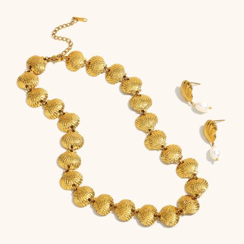 Conjuntos de joyería de acero inoxidable, acero inoxidable 304, pendiente & collar, con Perlas plásticas, Nácar, chapado en color dorado, diferentes estilos para la opción & para mujer, más colores para la opción, Vendido por Par