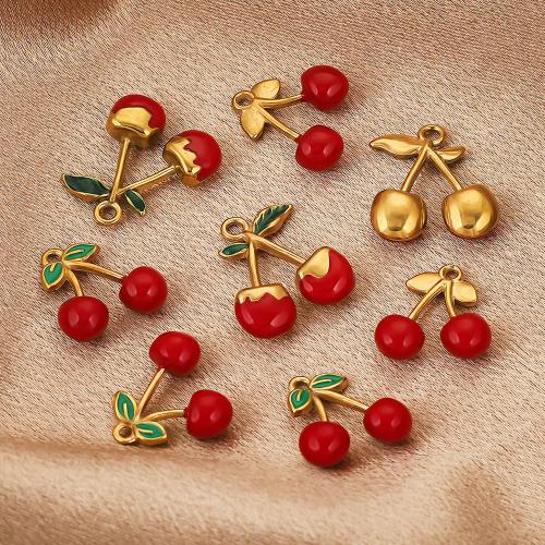 Zinc Alloy Enamel Pendants, 304 Stainless Steel, Cherry, gold color plated, DIY 