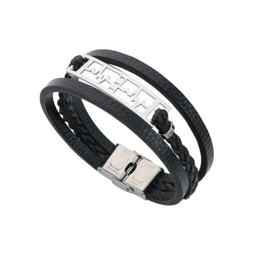 PU Schnur Armbänder, PU Leder, mit 304 Edelstahl, poliert, drei Schichten & unisex & verschiedene Stile für Wahl & hohl, schwarz, wide:10mm, Länge:40 Millimeter, verkauft von PC[