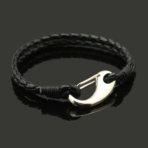 PU Schnur Armbänder, PU Leder, mit Wachsschnur & Zinklegierung, handgemacht, Doppelschicht & Modeschmuck & für den Menschen, schwarz, wide:0.8, Länge:21 cm, verkauft von PC[