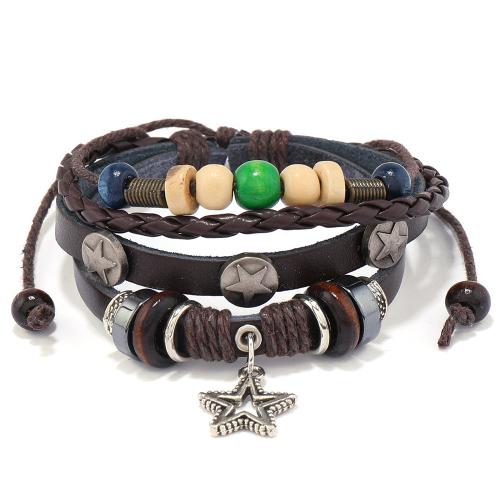 Cowhide Bracelets, Split Layer Cowhide Leather, with PU Leather & Wax Cord & Wood & Copper Coated Plastic & Zinc Alloy, handmade, fashion jewelry & multilayer & Unisex, brown [