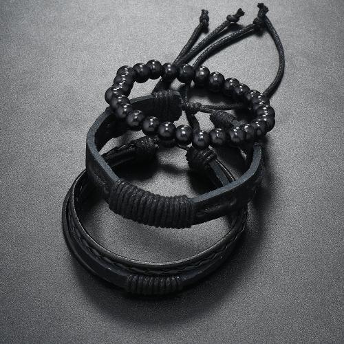 PU Schnur Armbänder, PU Leder, mit Wachsschnur & Holz, handgemacht, drei Stücke & verschiedene Stile für Wahl & für den Menschen, verkauft von setzen[