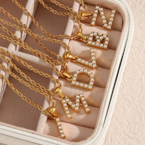 ステンレス鋼のジュエリーネックレス, 304ステンレススチール, とともに プラスチック製パール, アルファベット文字, 18Kゴールドメッキ, フレンチロープチェーン & さまざまなパターンの選択 & 女性用, 長さ:約 40 センチ, 売り手 パソコン