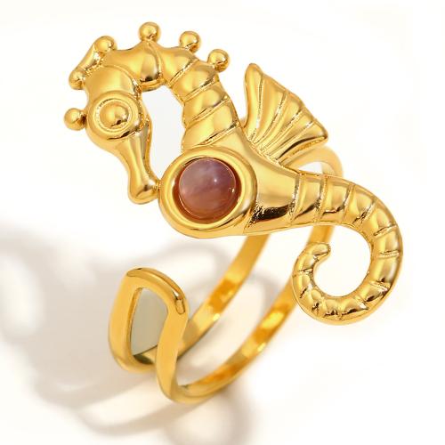 Anillos de Acero Inoxidable, acero inoxidable 304, con Piedra preciosa sintética, Caballito de mar, 18K chapado en oro, diferentes materiales para la opción & para mujer & hueco, Vendido por UD