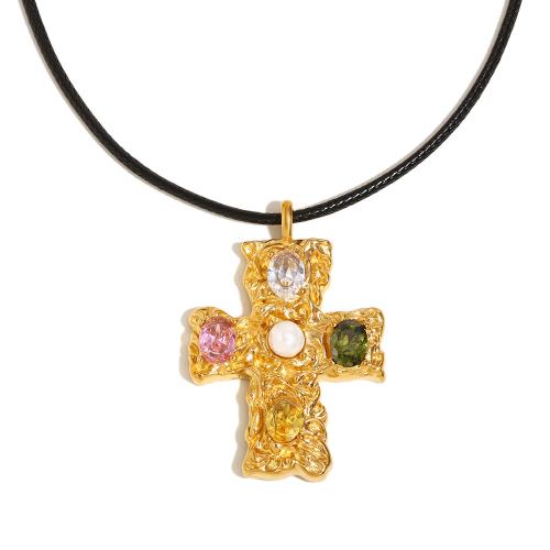 ステンレス鋼のジュエリーネックレス, 304ステンレススチール, とともに ワックスコード, とともに 5cm エクステンダチェーン, クロス, 18Kゴールドメッキ, ファッションジュエリー & 女性用 & ライン石のある, 長さ:51 センチ, 売り手 パソコン