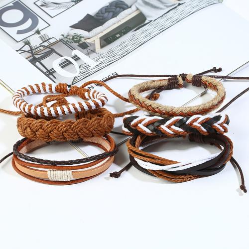 Cowhide Bracelets, with Linen & PU Leather & Wax Cord, with 8-9cm extender chain, handmade, 6 pieces & fashion jewelry & for man, mixed colors Approx 17-18 cm [