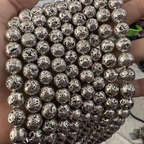 Perles de lave naturelle, lave volcanique, Rond, Plaqué de couleur d'argent, DIY & normes différentes pour le choix Environ 15 pouce, Vendu par brin[