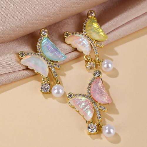 Cubic Zirconia Micro Pave Brass Pendant, with Shell & Plastic Pearl, Butterfly, gold color plated, DIY 