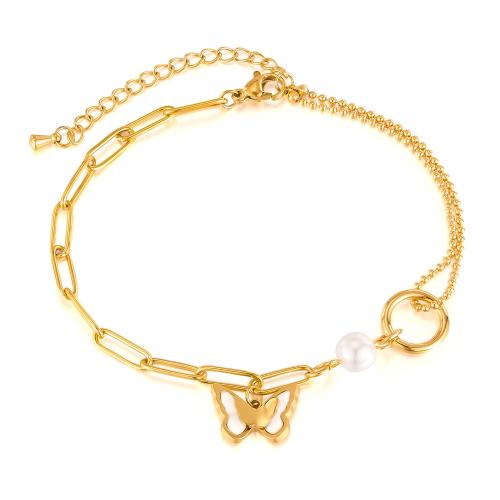 Bracelets en acier inoxydable bijoux, Acier inoxydable 304, avec Huître perlière & perle de plastique, avec 55mm chaînes de rallonge, bijoux de mode & pour femme & creux, doré mm, Vendu par PC