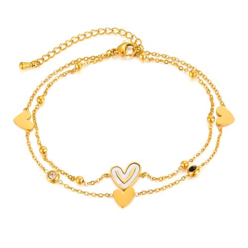 Bracelets en acier inoxydable bijoux, Acier inoxydable 304, avec Huître perlière, avec 55mm chaînes de rallonge, Double couche & pavé de micro zircon & pour femme, doré mm, Vendu par PC