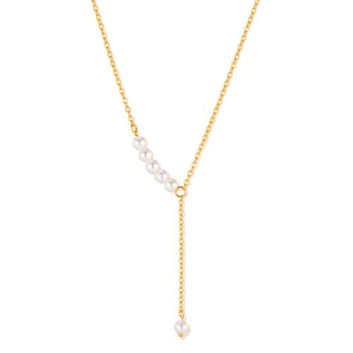 ステンレス鋼のジュエリーネックレス, 304ステンレススチール, とともに プラスチック製パール, とともに 55mm エクステンダチェーン, 洗練されました。, ファッションジュエリー & 女性用, 金色, 長さ:430 ミリ, 売り手 パソコン