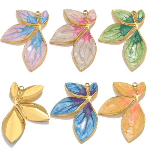 Enamel Stainless Steel Pendant, 304 Stainless Steel, Leaf, gold color plated, gradient color & DIY 