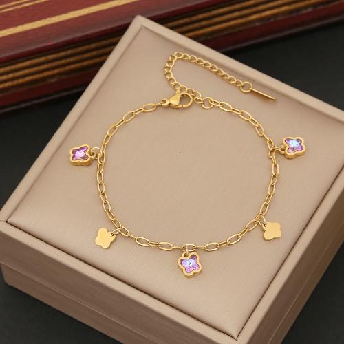 Stainless Steel Bangle, 304 Stainless Steel, with Glass, with 5cm extender chain, plated, fashion jewelry & for woman, golden cm 