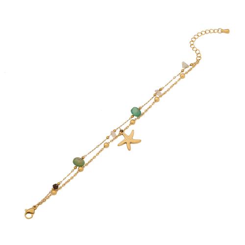 Stainless Steel Bangle, 304 Stainless Steel, with Natural Stone, with 4cm extender chain, plated, Double Layer  & for woman, golden cm 