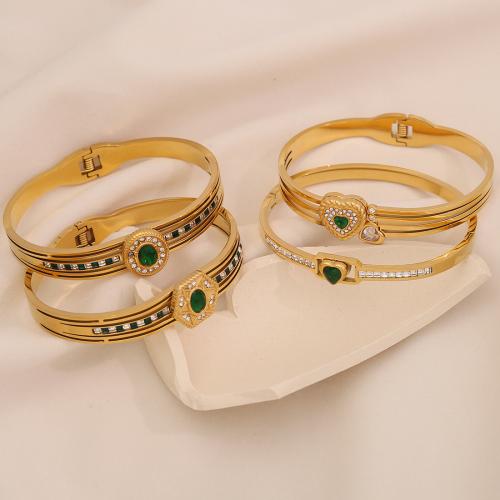 Stainless Steel Bangle, 304 Stainless Steel, with Glass, gold color plated & for woman & with rhinestone 