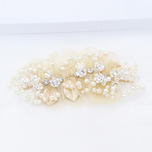 Bridal Hair Flowers, Zinc Alloy, with Gauze & brass wire & Plastic Pearl, plated, handmade & for woman & with rhinestone, golden 