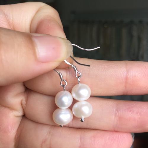 Boucle d'oreille de perle de goutte d'eau douce, perle d'eau douce cultivée, Légèrement rond, pour femme, blanc, About：7-8MM, Vendu par paire
