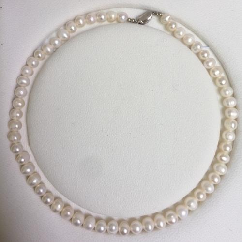 Collar de Perlas Natural de Freshwater, Perlas cultivadas de agua dulce, con aleación de zinc, Ligeramente redondo, para mujer, Blanco, About：7-8MM, longitud:45 cm, Vendido por Sarta[