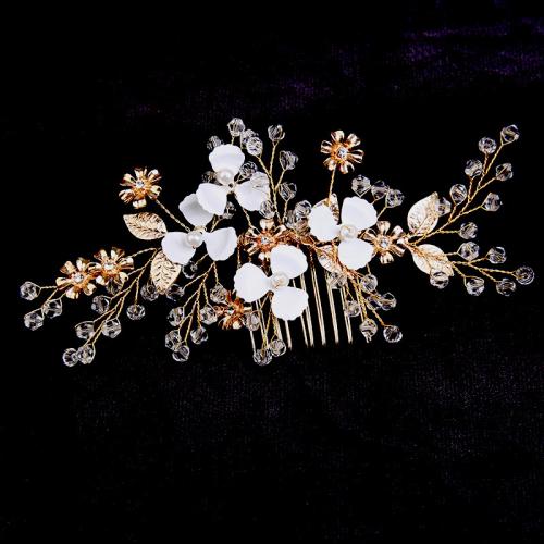 Dekoratives Haarkämmchen, Zinklegierung, mit Messingdraht & Polymer Ton & Kristall & Kunststoff Perlen, handgemacht, Modeschmuck & für Frau & mit Strass, goldfarben, 150x70x15mm, verkauft von PC