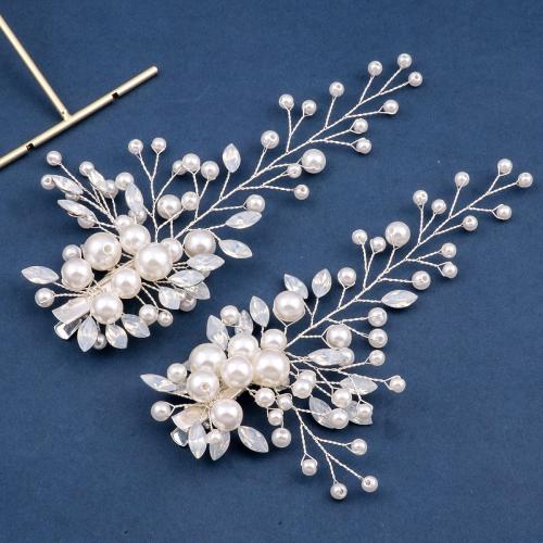 Pinces bec, alliage de zinc, avec fil en laiton & cristal & perle de plastique, fait à la main, bijoux de mode & pour femme, blanc, Vendu par paire