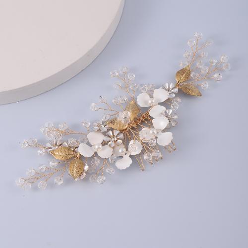 Dekoratives Haarkämmchen, Zinklegierung, mit Messingdraht & Polymer Ton & Kristall, handgemacht, Modeschmuck & für Frau & mit Strass, goldfarben, verkauft von PC