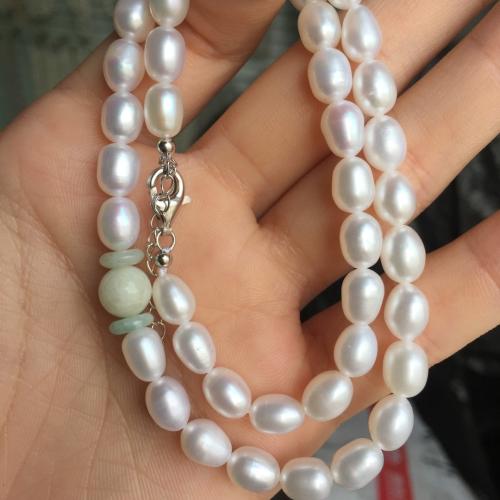 Collar de Perlas Natural de Freshwater, Perlas cultivadas de agua dulce, con aleación de zinc, Arroz, chapado en color de plata, para mujer, Blanco, About：6-7mm, longitud:45 cm, Vendido por UD[