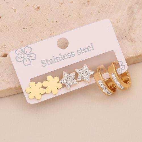 Boucle d'oreille goutte inox, Acier inoxydable 304, Placage, trois pièces & styles différents pour le choix & pour femme & avec strass, doré, Vendu par fixé