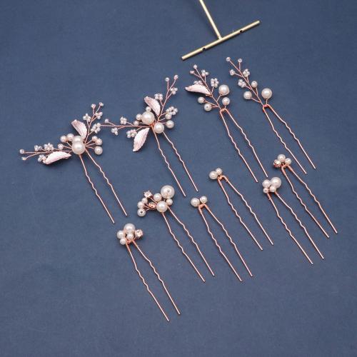 Bâton de cheveux, alliage de zinc, avec fil en laiton & perle de plastique, fait à la main, 10 pièces & pour femme & avec strass, couleur or rose, Vendu par fixé