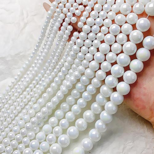 Perles de nacre en verre, perle de verre, Rond, Placage de couleur AB, DIY & normes différentes pour le choix, blanc, Vendu par brin