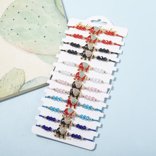 Glass Jewelry Beads Bracelets, Zinc Alloy, with Knot Cord & Glass, Elephant, gold color plated, Adjustable & for woman & enamel & with rhinestone, mixed colors cm 