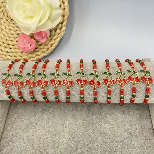 Glass Jewelry Beads Bracelets, Zinc Alloy, with Knot Cord & Glass, Cherry, gold color plated, Adjustable & for woman & enamel, mixed colors 