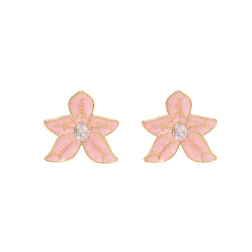 Boucle en acier inoxydable zircons cubiques, Acier inoxydable 304, fleur, Placage de couleur d'or, bijoux de mode & pavé de micro zircon & émail, plus de couleurs à choisir, Vendu par paire