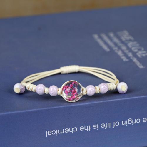 Glass Bracelet, with Dried Flower & Polyester Cord & Zinc Alloy, handmade & for woman Approx 6-10 Inch 