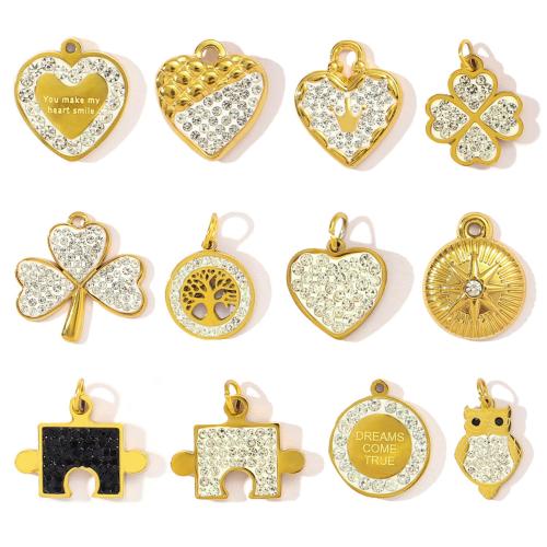 Rhinestone Stainless Steel Pendants, 304 Stainless Steel, with Clay, Vacuum Ion Plating & DIY & with rhinestone 