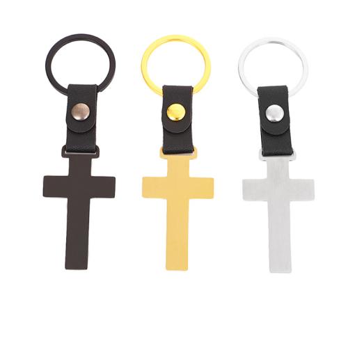 Porte-clés en acier inoxydable, Acier inoxydable 304, avec cuir PU, croix, Placage ionique sous vide, unisexe, plus de couleurs à choisir, Vendu par PC