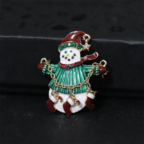 Broche de bijoux de Noël, alliage de zinc, bonhomme de neige, Placage de couleur d'or, Conception de Noël & pour femme & avec strass, couleurs mélangées Vendu par PC[