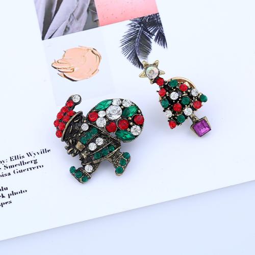 Broche de bijoux de Noël, alliage de zinc, Placage, 2 pièces & Conception de Noël & pour femme & avec strass, couleurs mélangées, Vendu par fixé[