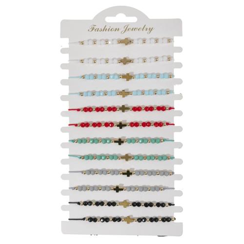 Glass Jewelry Beads Bracelets, with Knot Cord & Zinc Alloy, Cross, gold color plated, Adjustable & for woman, mixed colors cm 
