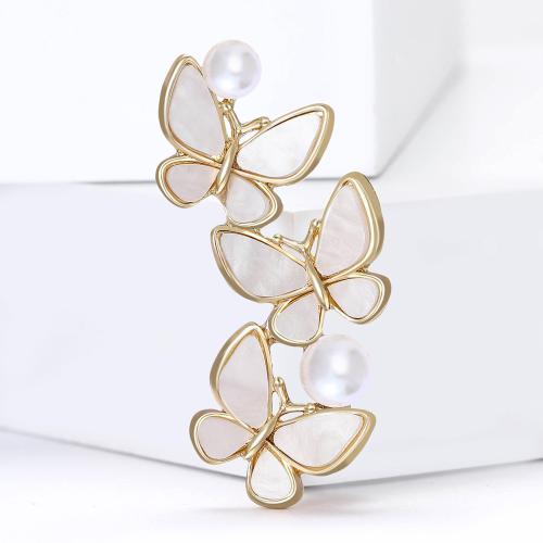 Shell Brooch, Zinc Alloy, with Shell & Plastic Pearl, Butterfly, gold color plated, for woman 