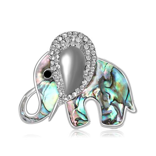 Shell Brooch, Zinc Alloy, with Abalone Shell, Elephant, silver color plated, for woman & with rhinestone 