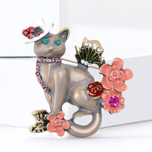 Broche émail, alliage de zinc, chat, Placage, pour femme & avec strass, Vendu par PC