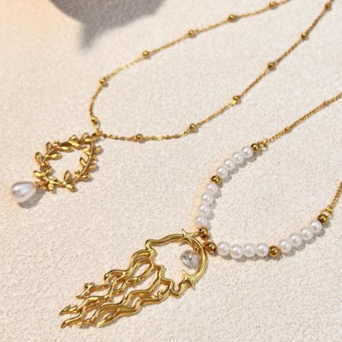 ステンレス鋼のジュエリーネックレス, 304ステンレススチール, とともに 天然有核フレッシュウォーターパール, 18Kゴールドメッキ, 異なるスタイルを選択 & 女性用 & くり抜き, 長さ:45-50 センチ, 売り手 パソコン